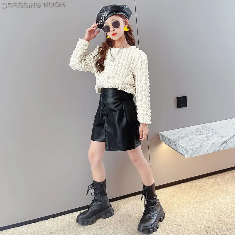 Long Sleeve Top+Leather Pantskirt Clothes Set