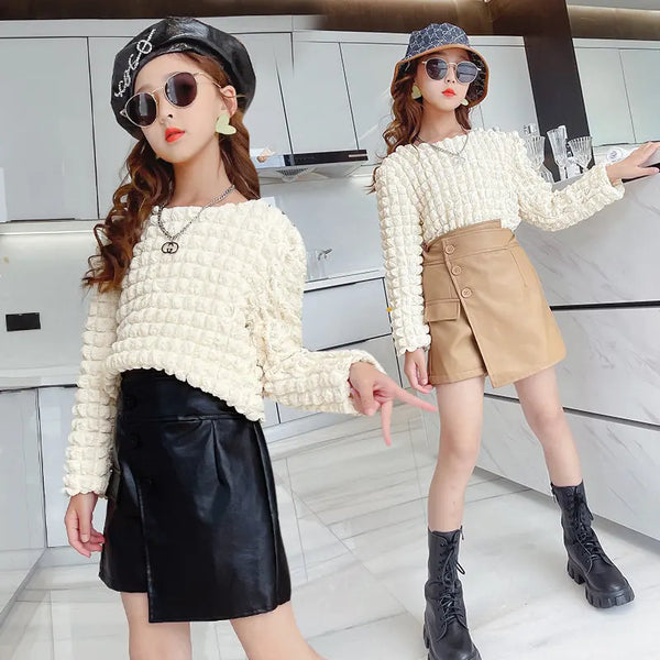 Long Sleeve Top+Leather Pantskirt Clothes Set