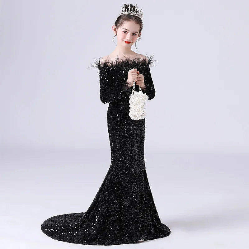 Floor Length Feather Sequin Dress